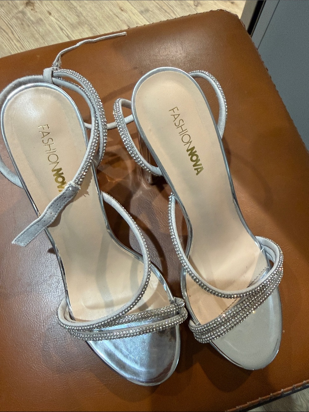 Fashion Nova Silver Crystal-Strap Open-Toe Heels